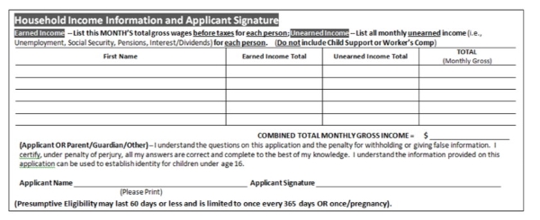 Screen shot of the Household Income Information and Signature section of the PE Application